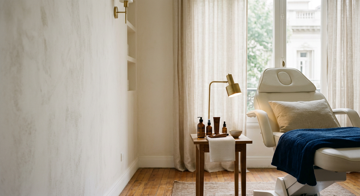 Consultorio de un centro de estética, con una camilla y una mesa con productos